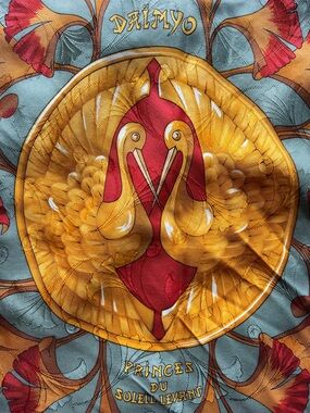 Hermes Daimyo Silk Scarf in Coral, Gold, Blue and Gray